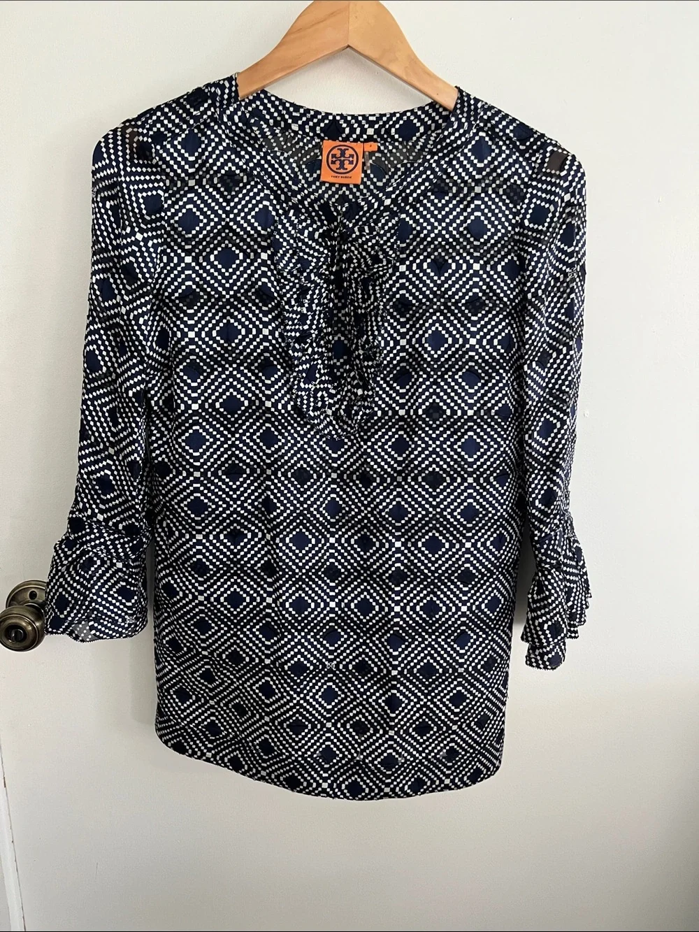 Tory Burch Navy and White Diamond-Print Ruffle V-Neck Tunic Top